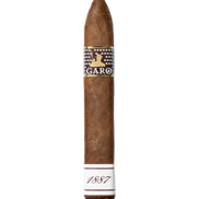 A single brown cigar shown vertically on a white background, featuring a patterned band with the brand name 'GARO' and a white lower section printed with '1887'.