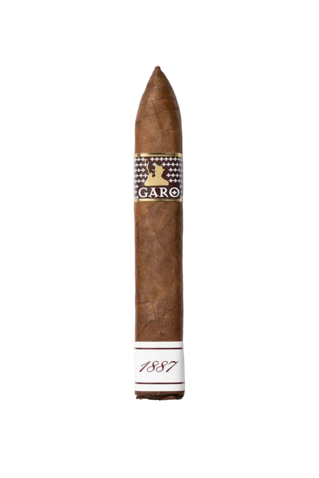 A single brown cigar shown vertically on a white background, featuring a patterned band with the brand name 'GARO' and a white lower section printed with '1887'.