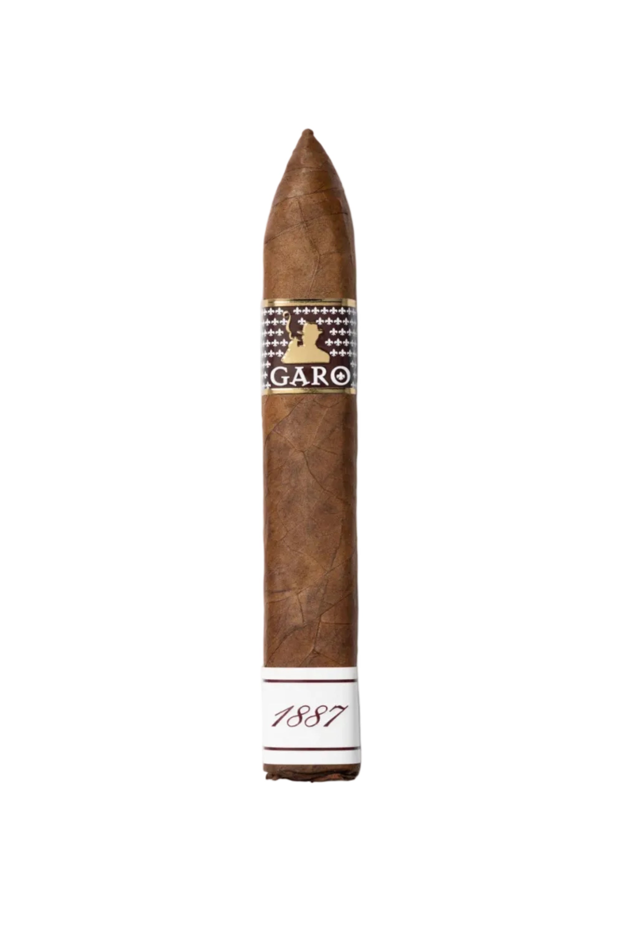 A single brown cigar shown vertically on a white background, featuring a patterned band with the brand name 'GARO' and a white lower section printed with '1887'.